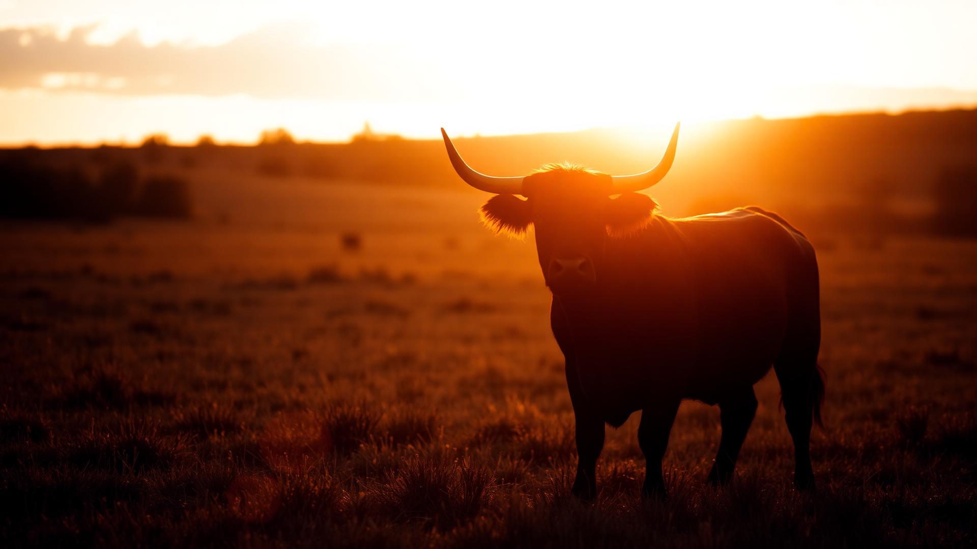 Black Angus bull at golden hour in Texas pasture